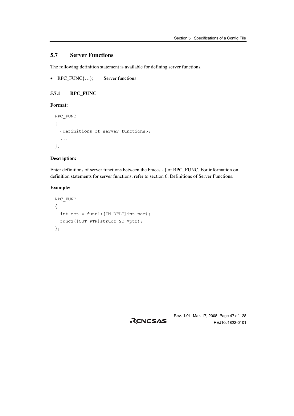 7 server functions, 1 rpc_func | Renesas Stub Generator V.1.00 User Manual | Page 59 / 144