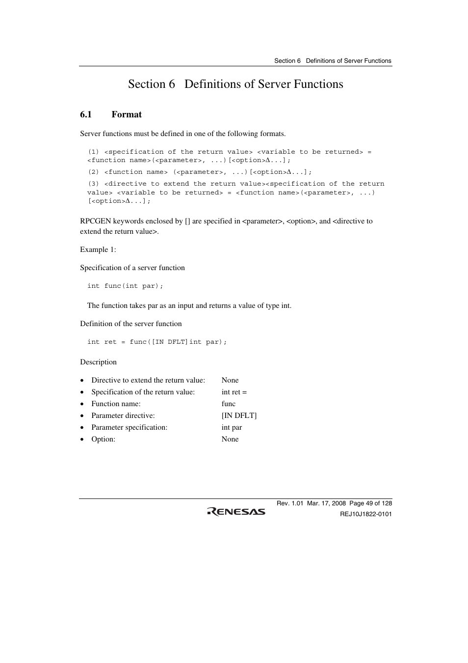 Section 6 definitions of server functions, 1 format | Renesas Stub Generator V.1.00 User Manual | Page 61 / 144