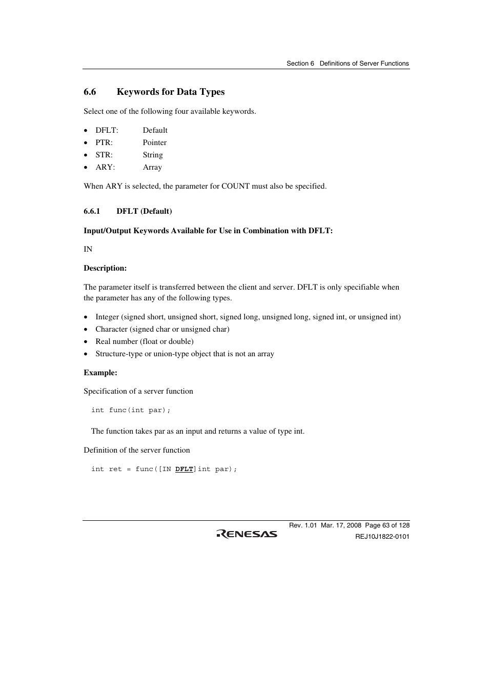 6 keywords for data types, 1 dflt (default) | Renesas Stub Generator V.1.00 User Manual | Page 75 / 144