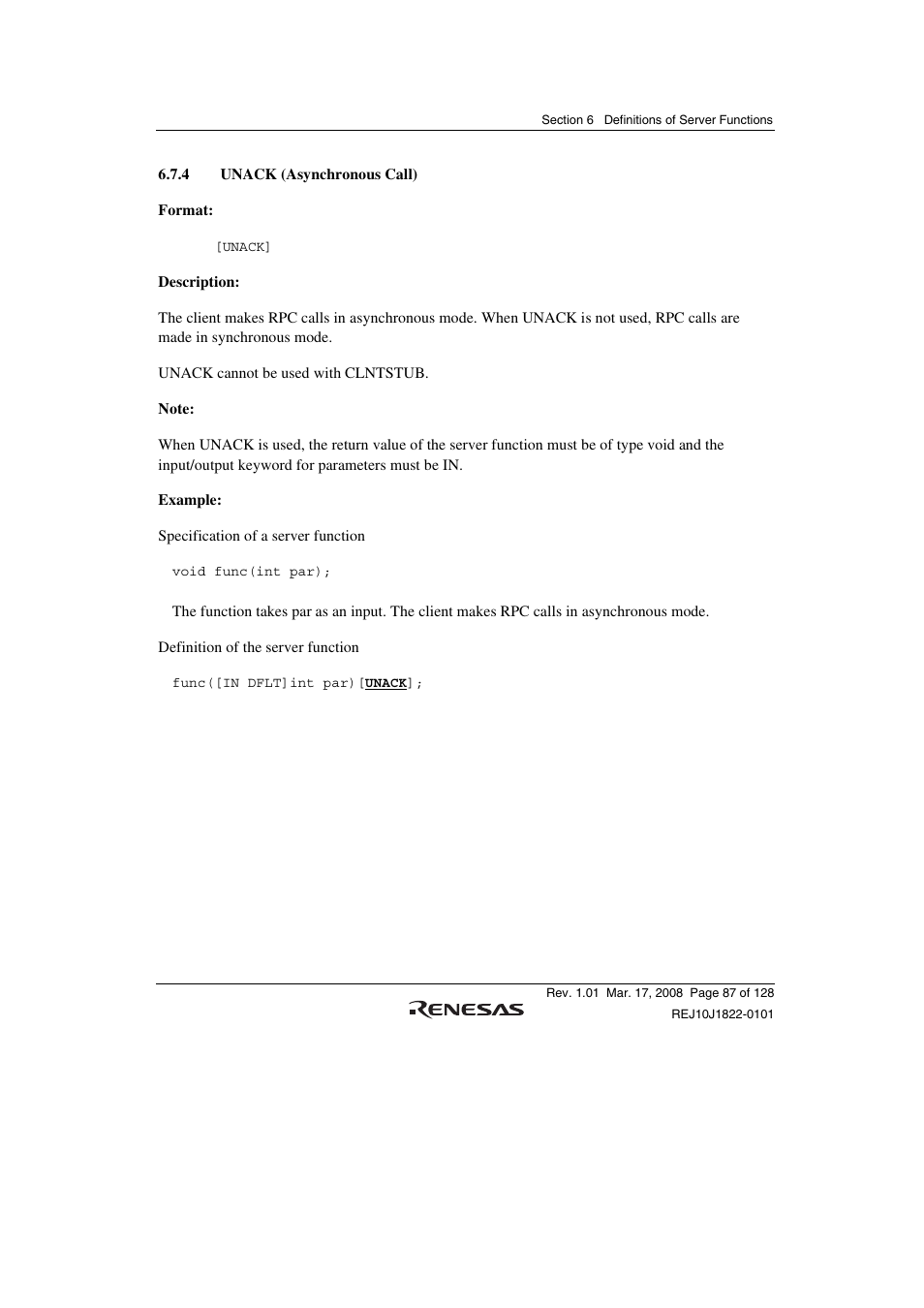 4 unack (asynchronous call) | Renesas Stub Generator V.1.00 User Manual | Page 99 / 144