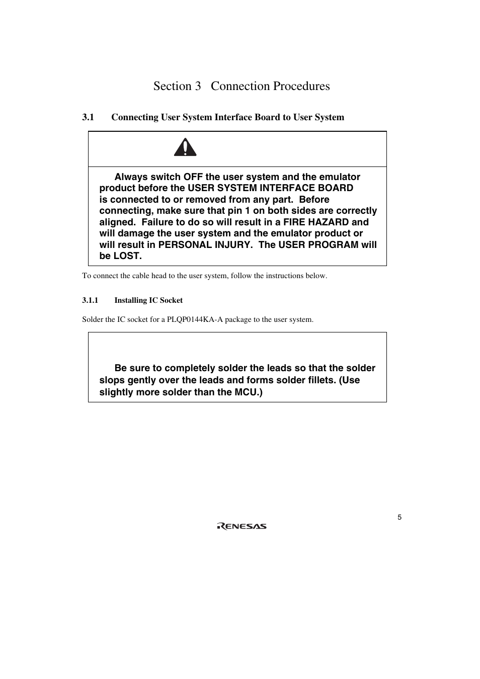 Section 3 connection procedures, 1 installing ic socket, Warning | Caution | Renesas SuperH PLQP0144KA-A User Manual | Page 25 / 46