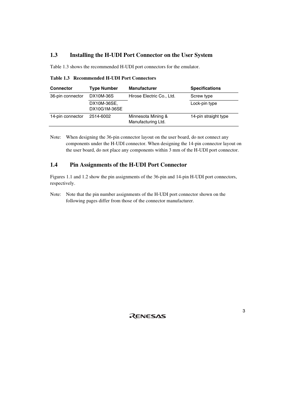 4 pin assignments of the h-udi port connector | Renesas SuperH Family E10A-USB User Manual | Page 11 / 59