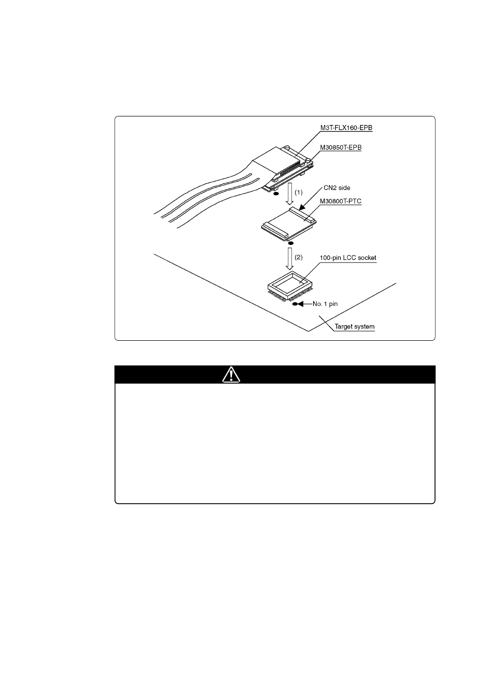 1) connecting to a 100-pin lcc socket, Caution | Renesas Emulation Probe M30850T-EPB User Manual | Page 38 / 76