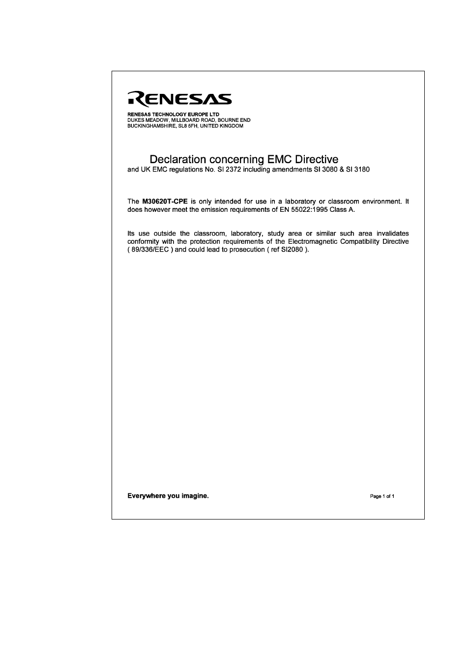 2 declaration concerning emc directive | Renesas Compact Emulator M30620T-CPE User Manual | Page 14 / 52