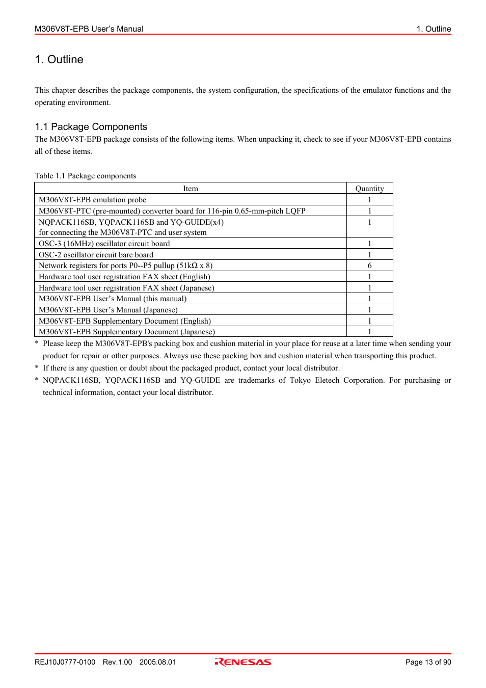 Outline, 1 package components | Renesas Emulation Probe M306V8T-EPB User Manual | Page 13 / 90