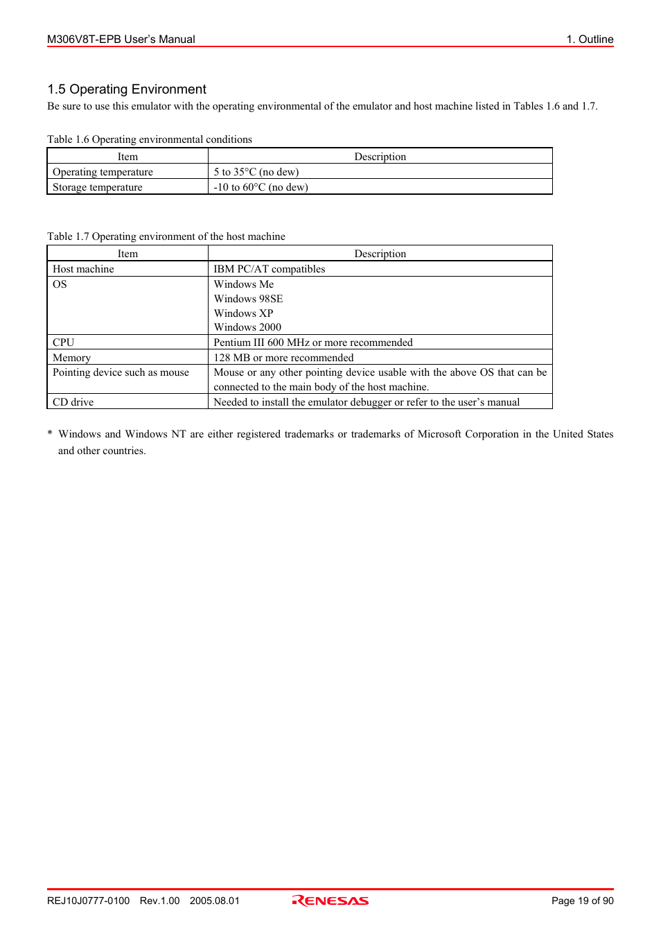 5 operating environment | Renesas Emulation Probe M306V8T-EPB User Manual | Page 19 / 90