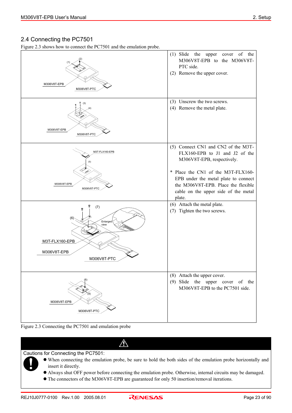 4 connecting the pc7501, Caution | Renesas Emulation Probe M306V8T-EPB User Manual | Page 23 / 90