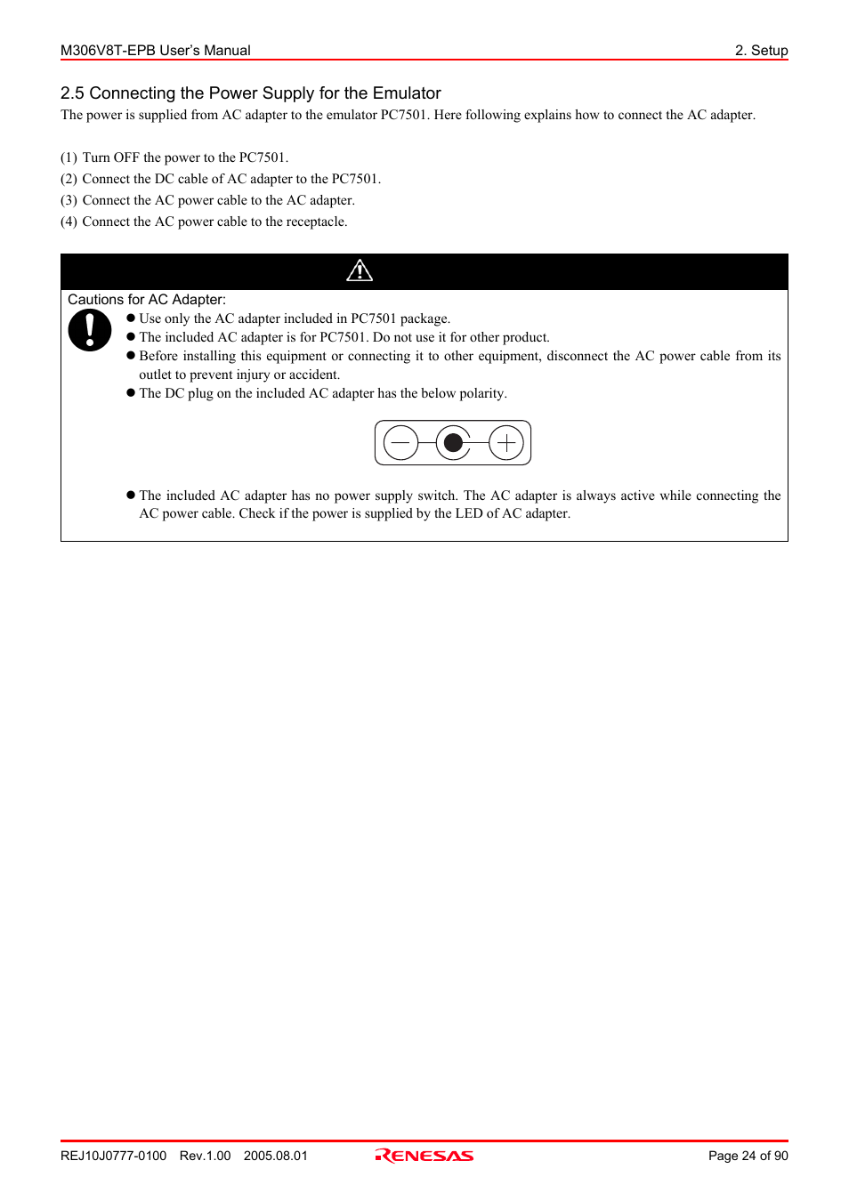 5 connecting the power supply for the emulator, Caution | Renesas Emulation Probe M306V8T-EPB User Manual | Page 24 / 90
