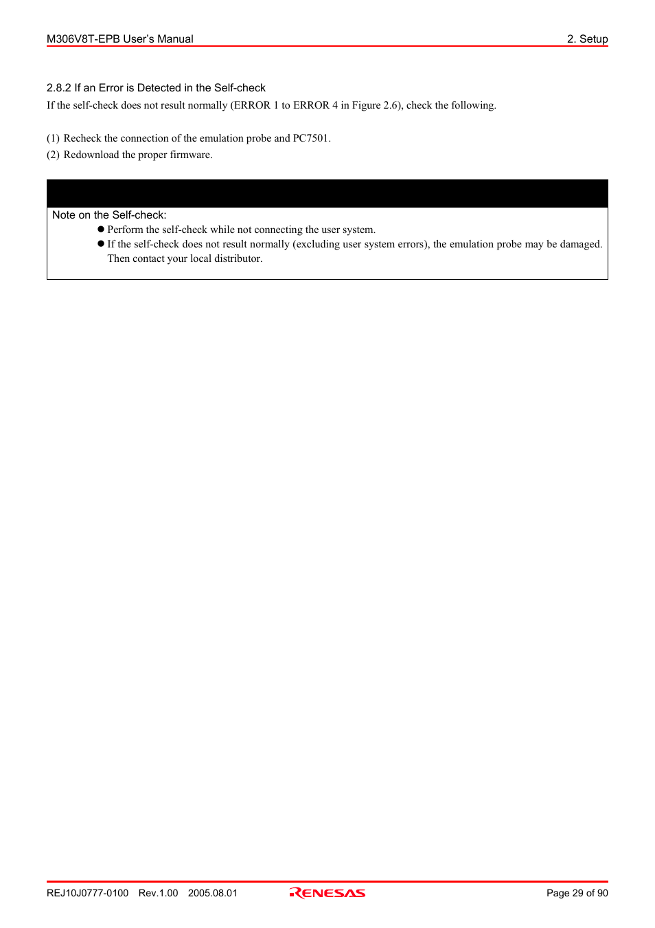 2 if an error is detected in the self-check, Important | Renesas Emulation Probe M306V8T-EPB User Manual | Page 29 / 90