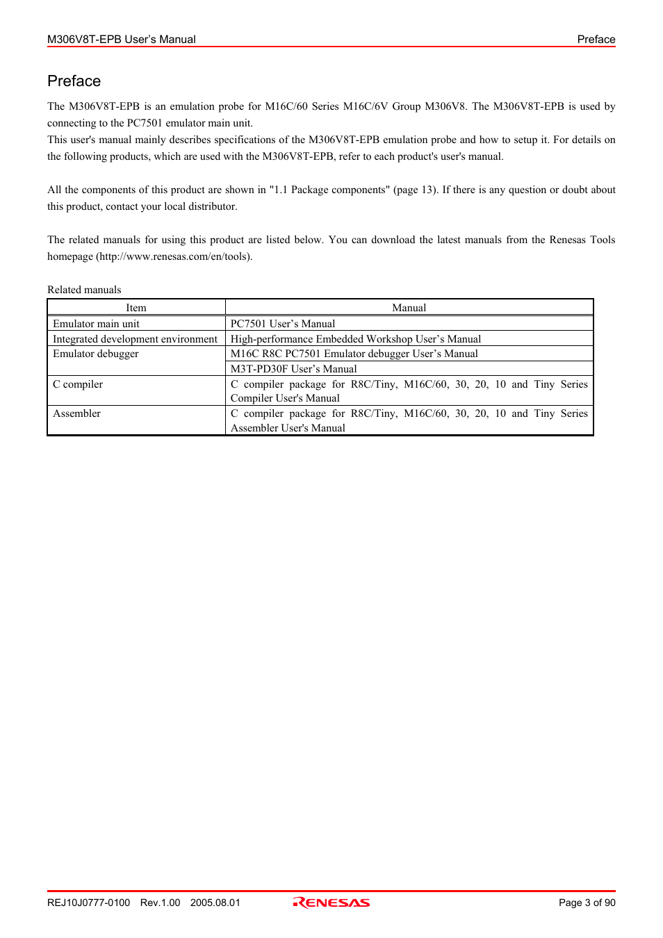 Preface | Renesas Emulation Probe M306V8T-EPB User Manual | Page 3 / 90