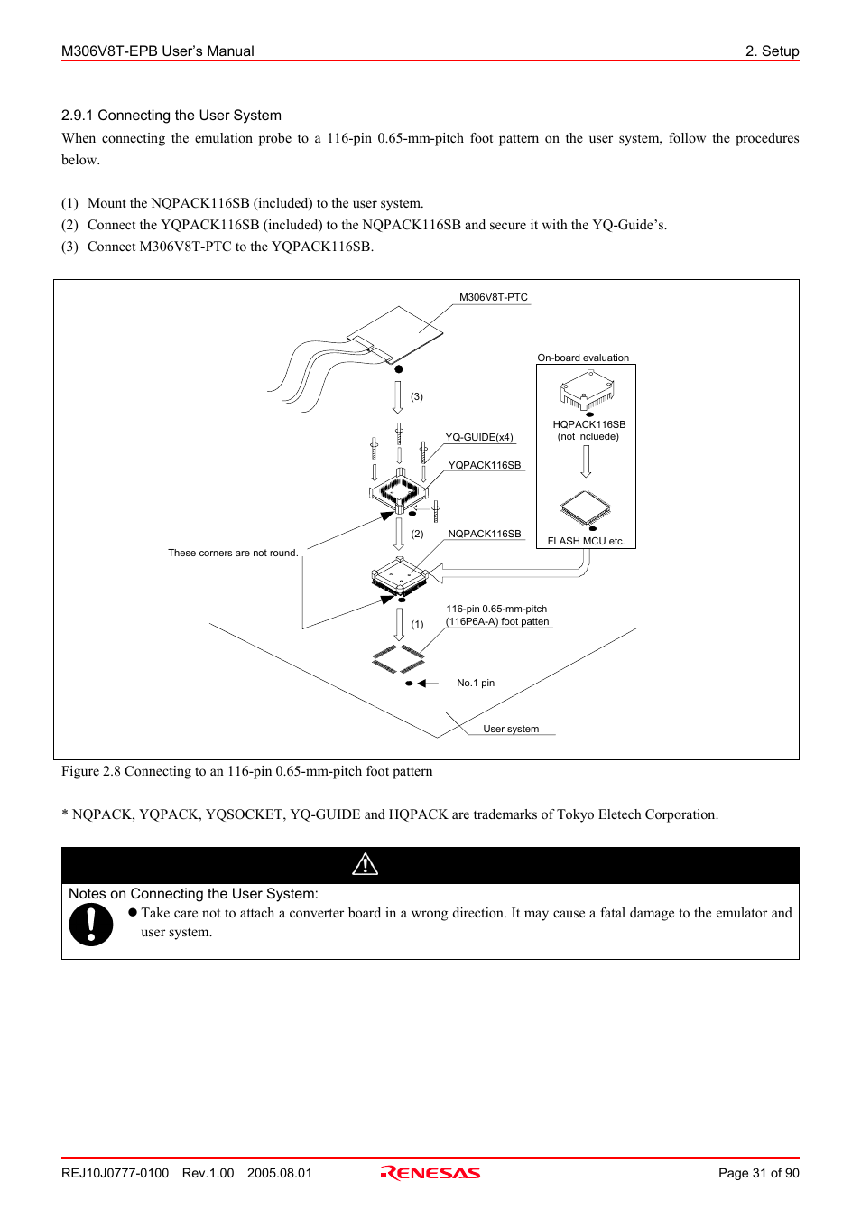 1 connecting the user system, Caution | Renesas Emulation Probe M306V8T-EPB User Manual | Page 31 / 90