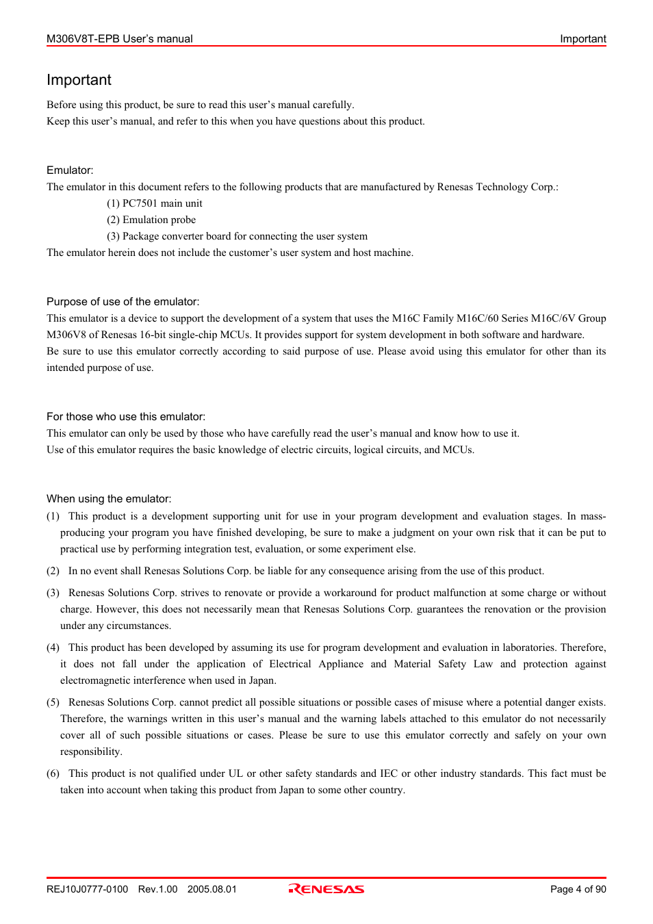 Important | Renesas Emulation Probe M306V8T-EPB User Manual | Page 4 / 90