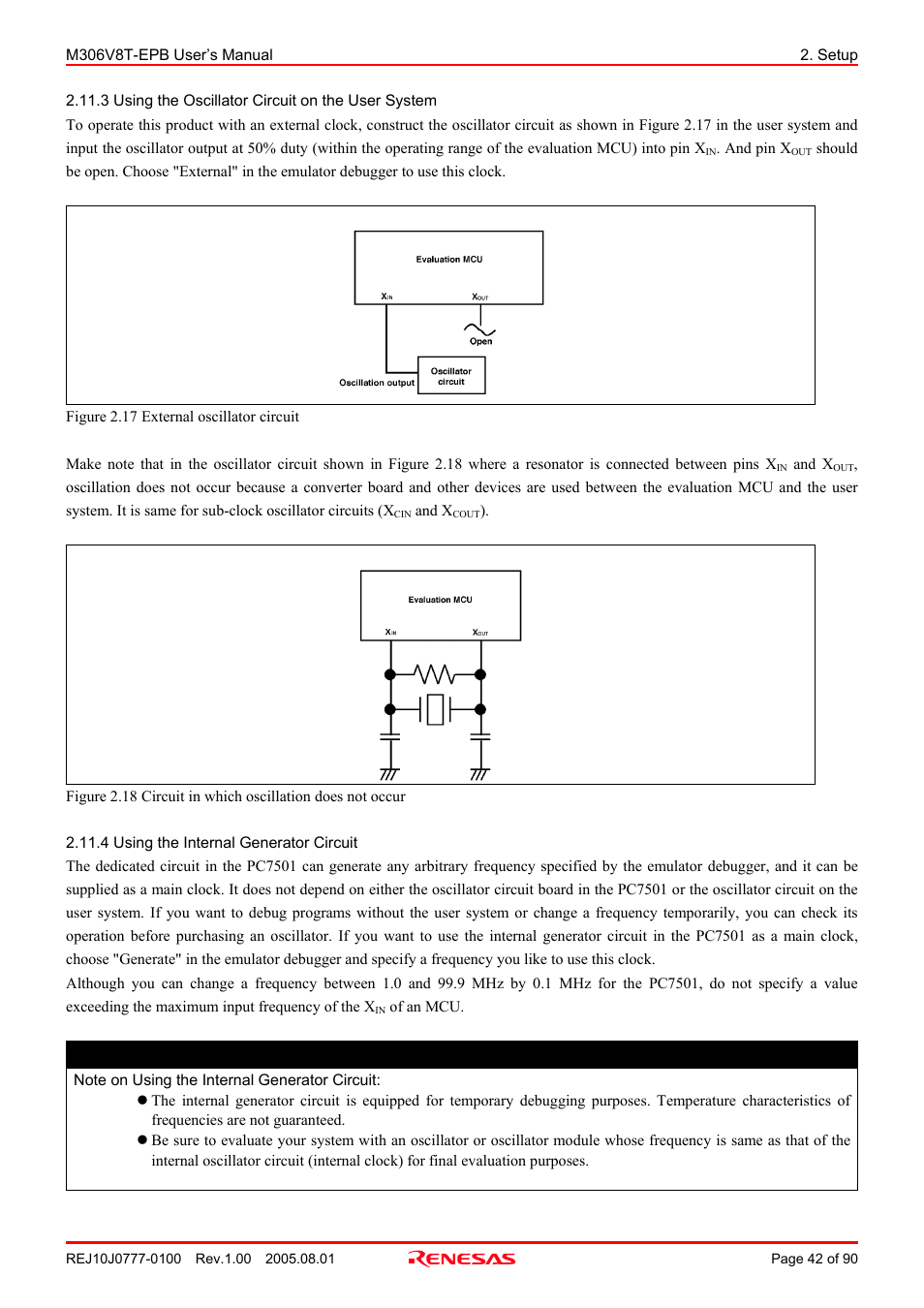 3 using the oscillator circuit on the user system, 4 using the internal generator circuit | Renesas Emulation Probe M306V8T-EPB User Manual | Page 42 / 90