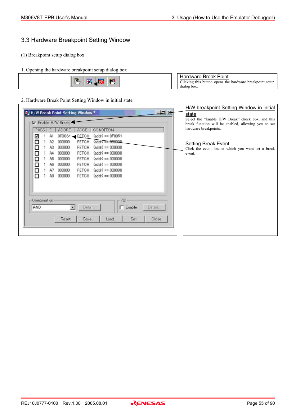 3 hardware breakpoint setting window | Renesas Emulation Probe M306V8T-EPB User Manual | Page 55 / 90