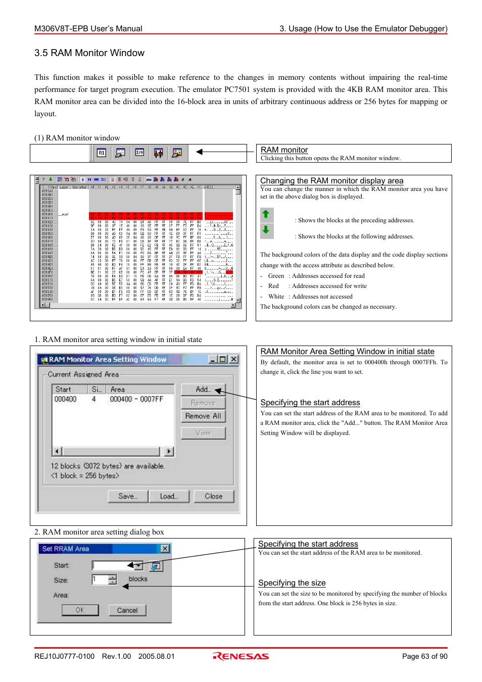 5 ram monitor window | Renesas Emulation Probe M306V8T-EPB User Manual | Page 63 / 90