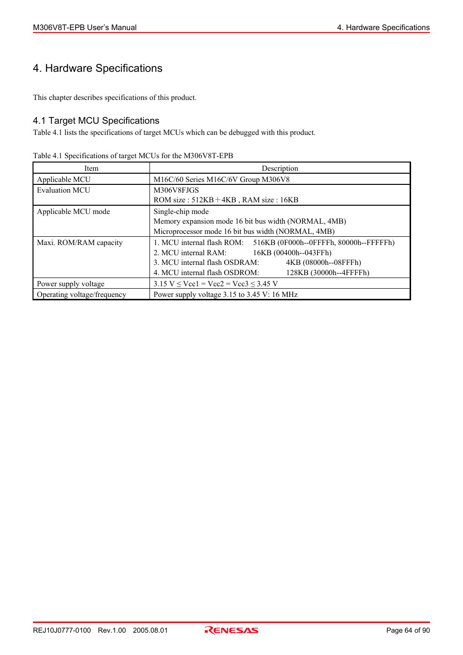 Hardware specifications, 1 target mcu specifications | Renesas Emulation Probe M306V8T-EPB User Manual | Page 64 / 90