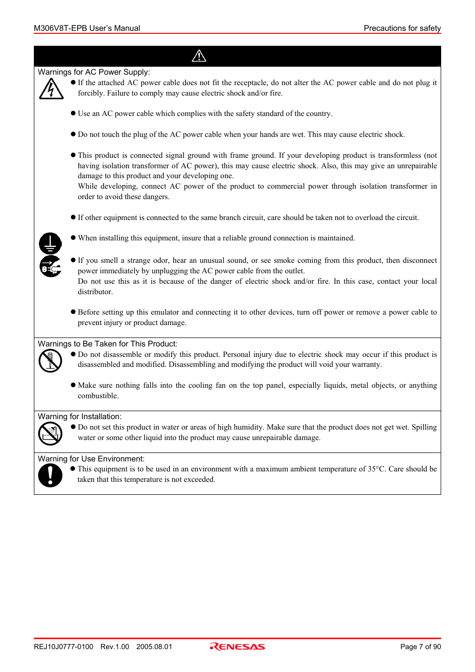 Warning | Renesas Emulation Probe M306V8T-EPB User Manual | Page 7 / 90