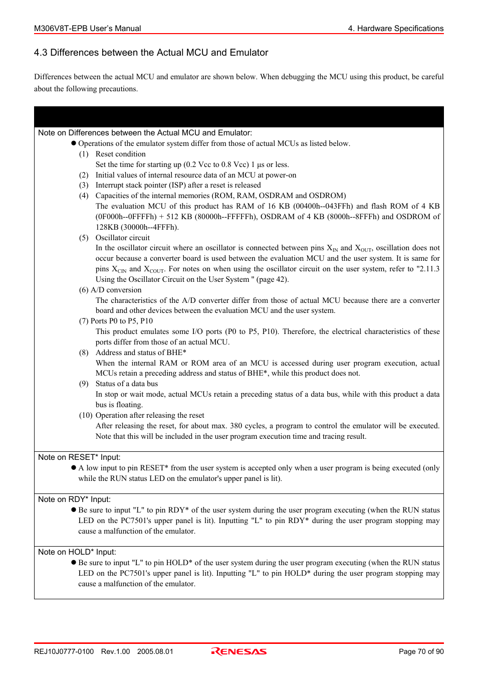 3 differences between the actual mcu and emulator, Important | Renesas Emulation Probe M306V8T-EPB User Manual | Page 70 / 90