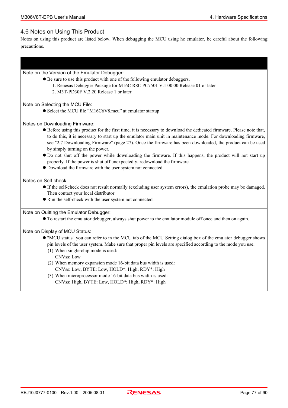 6 notes on using this product, Important | Renesas Emulation Probe M306V8T-EPB User Manual | Page 77 / 90