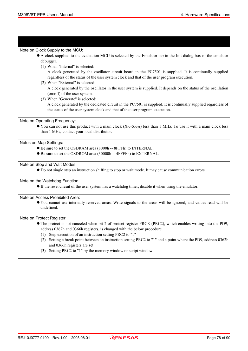 Important | Renesas Emulation Probe M306V8T-EPB User Manual | Page 78 / 90