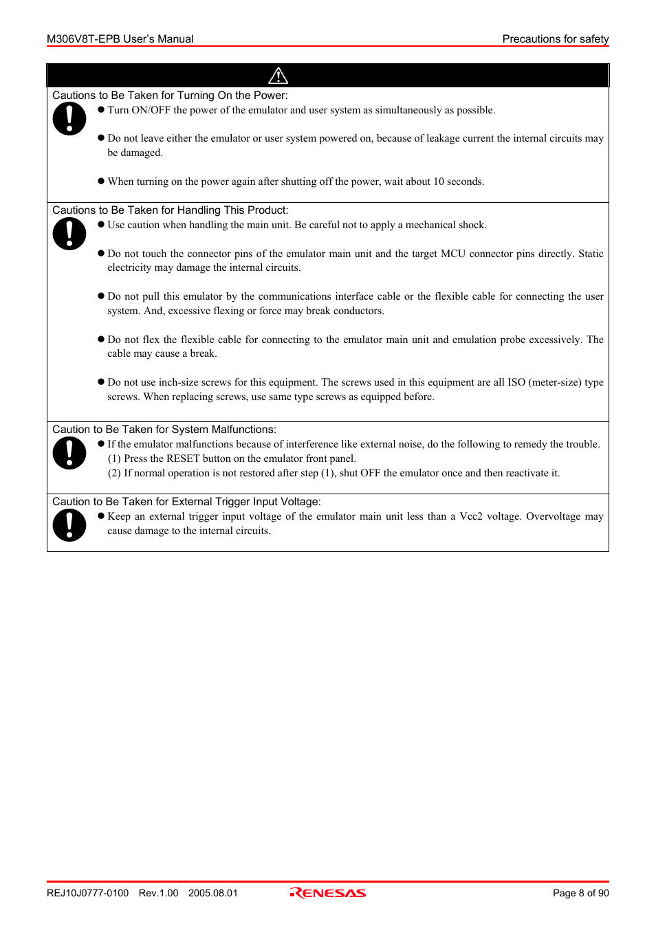 Caution | Renesas Emulation Probe M306V8T-EPB User Manual | Page 8 / 90