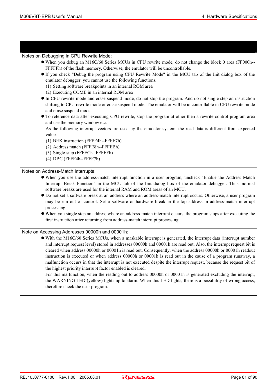 Important | Renesas Emulation Probe M306V8T-EPB User Manual | Page 81 / 90