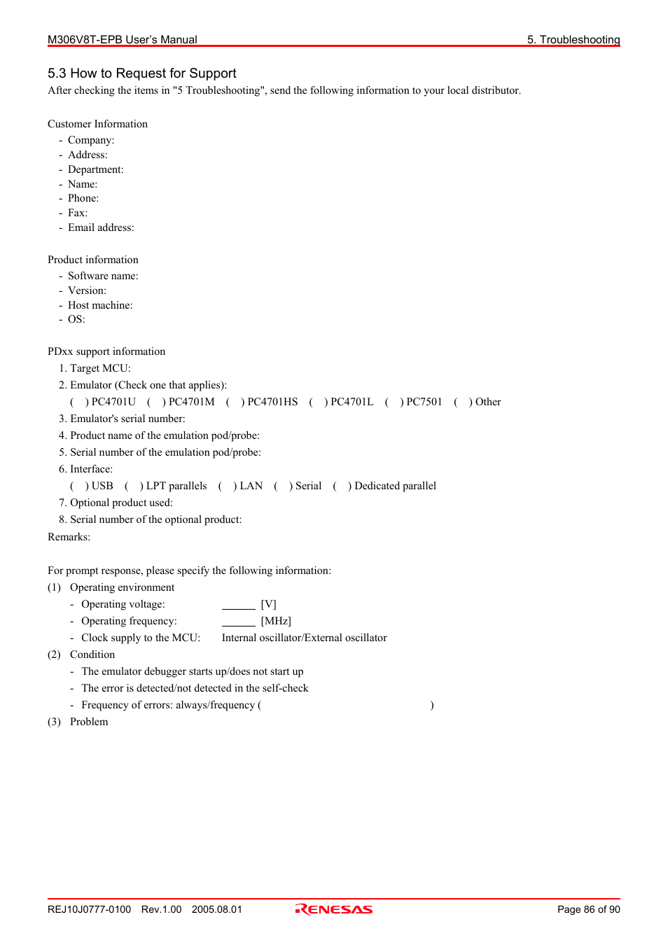 3 how to request for support | Renesas Emulation Probe M306V8T-EPB User Manual | Page 86 / 90