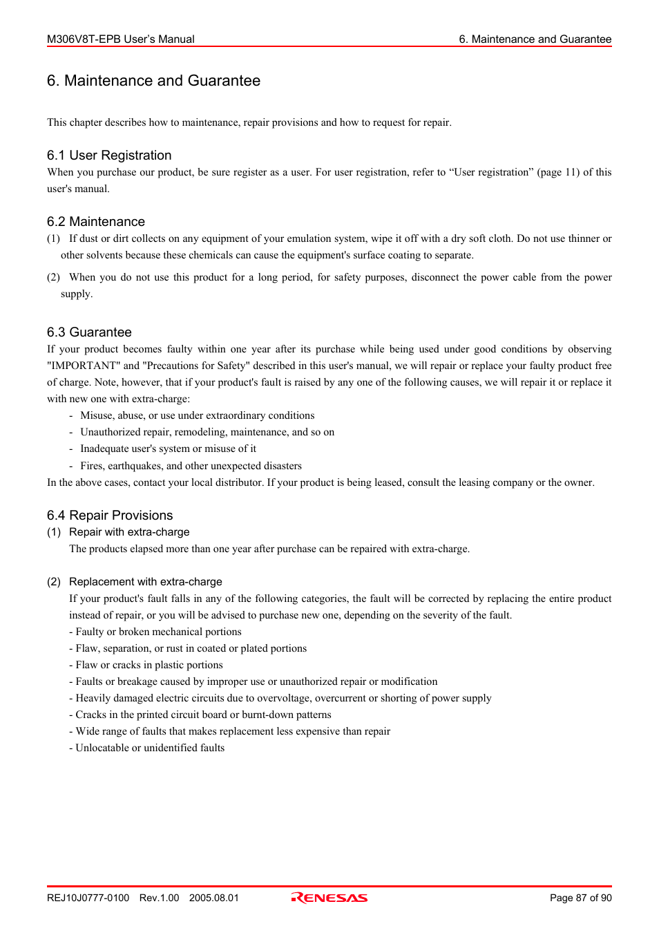 Maintenance and guarantee, 1 user registration, 2 maintenance | 3 guarantee, 4 repair provisions | Renesas Emulation Probe M306V8T-EPB User Manual | Page 87 / 90