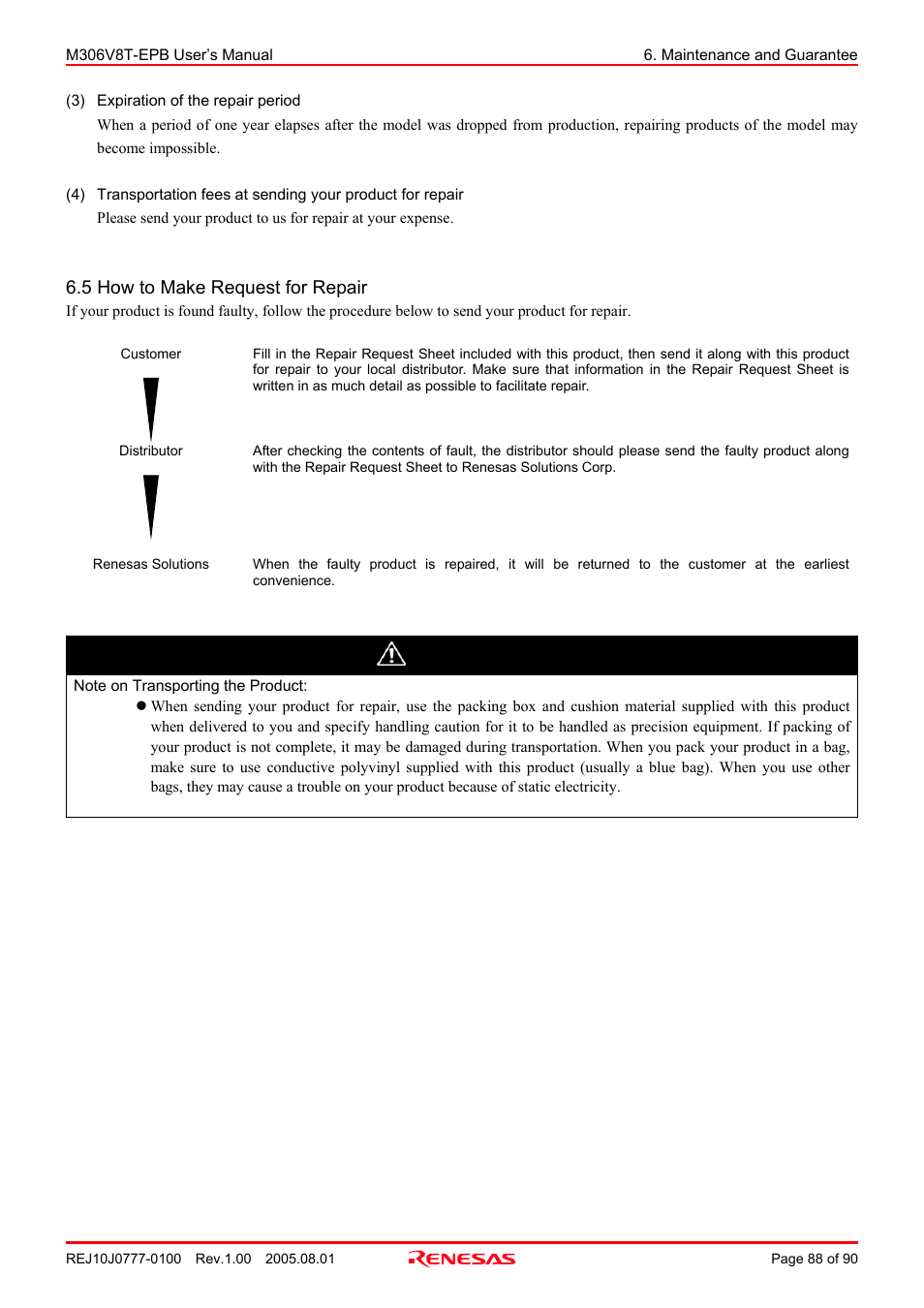 5 how to make request for repair, Caution | Renesas Emulation Probe M306V8T-EPB User Manual | Page 88 / 90