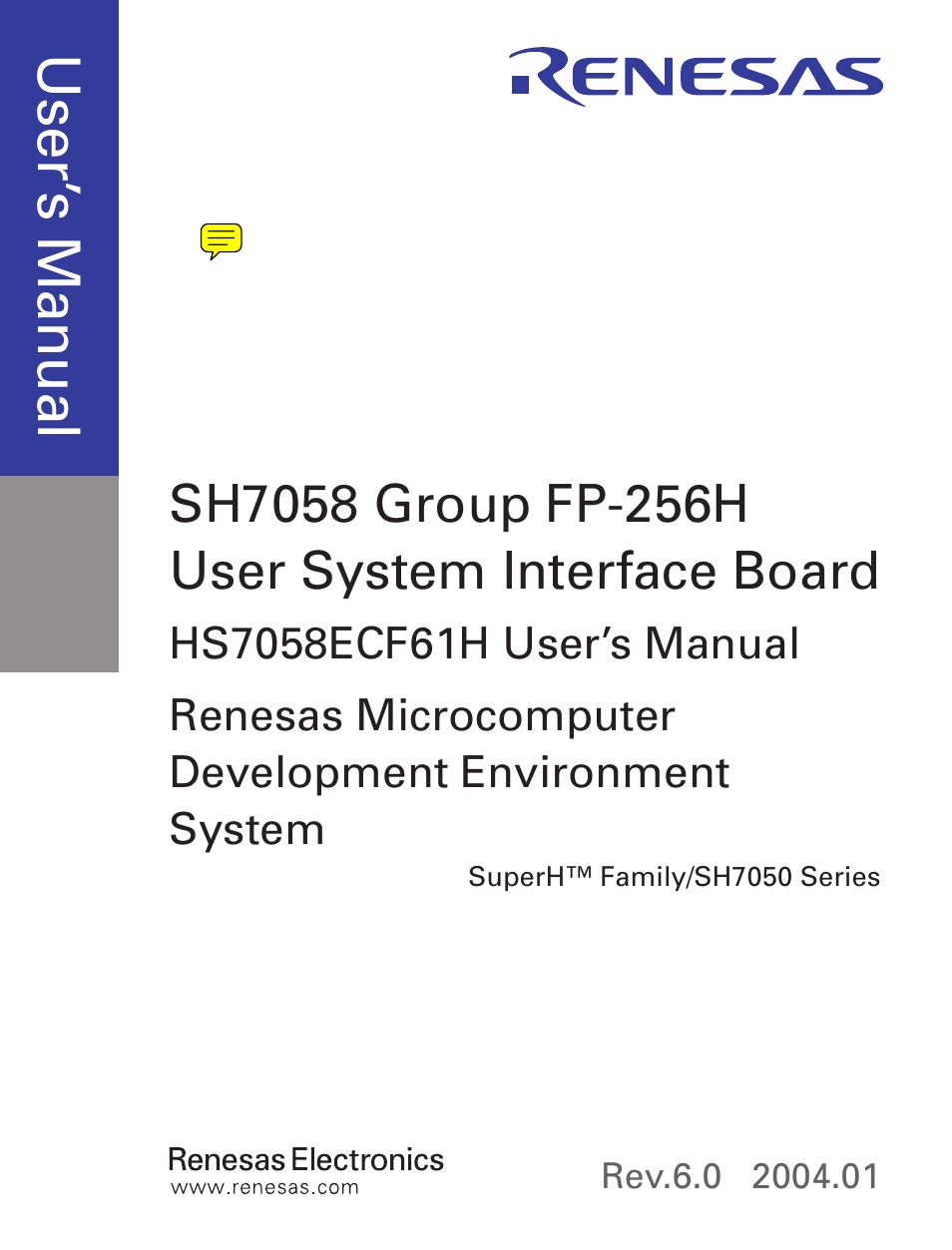 Cover, Use r’s m an ua l | Renesas SH7058 User Manual | Page 3 / 22