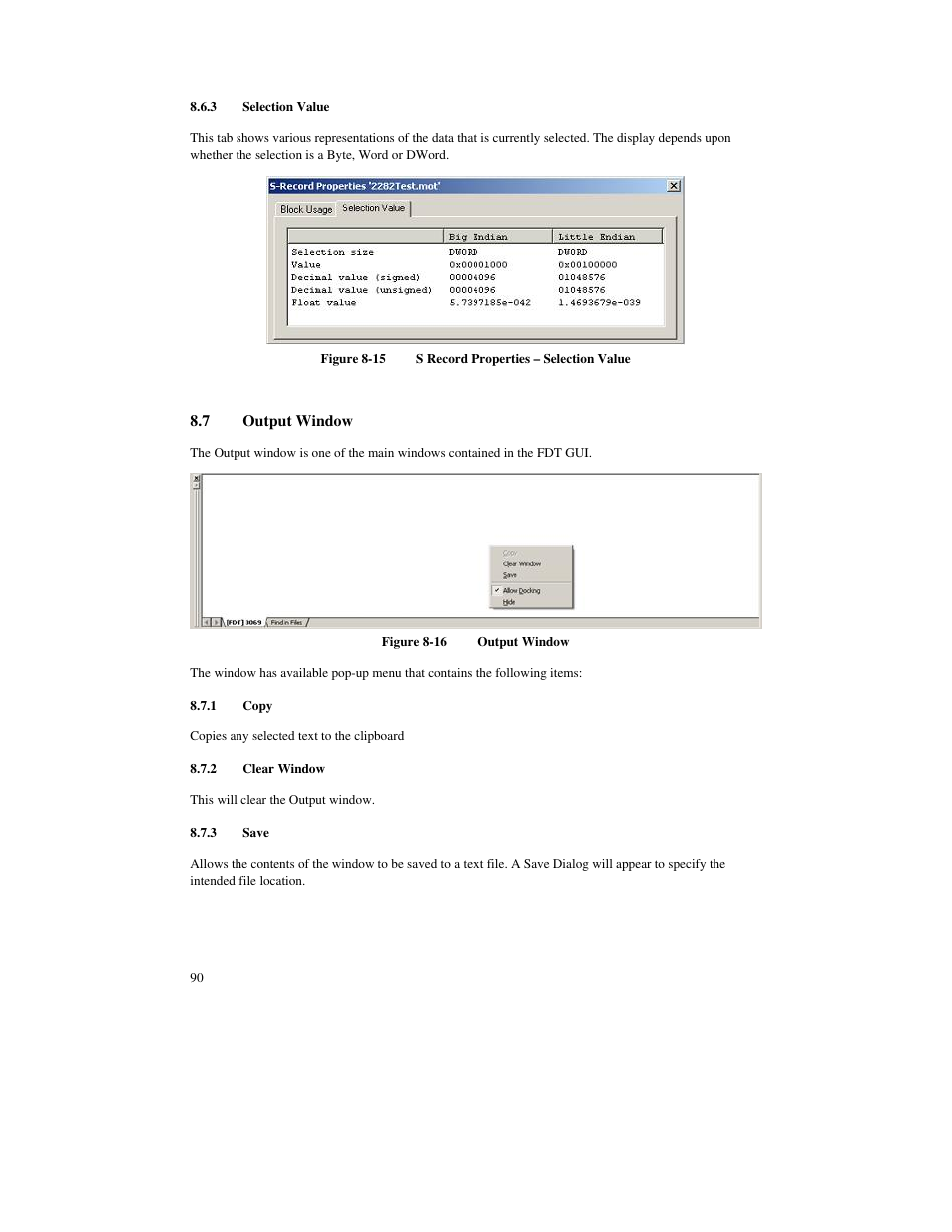 3 selection value, 7 output window, 1 copy | 2 clear window, 3 save | Renesas FLASH Development Toolkit 3.07 User Manual | Page 104 / 146