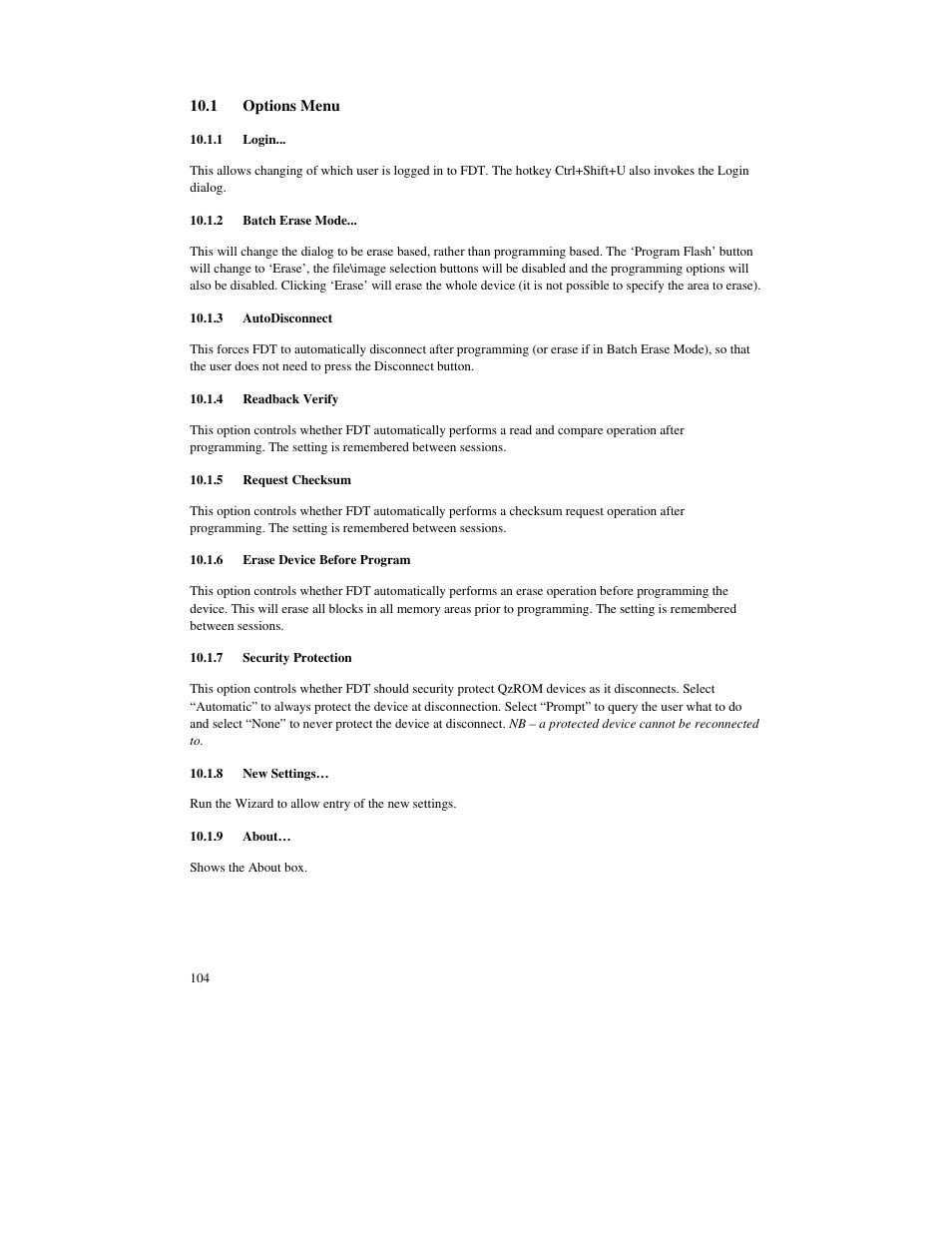 1 options menu, 1 login, 2 batch erase mode | 3 autodisconnect, 4 readback verify, 5 request checksum, 6 erase device before program, 7 security protection, 8 new settings, 9 about | Renesas FLASH Development Toolkit 3.07 User Manual | Page 118 / 146