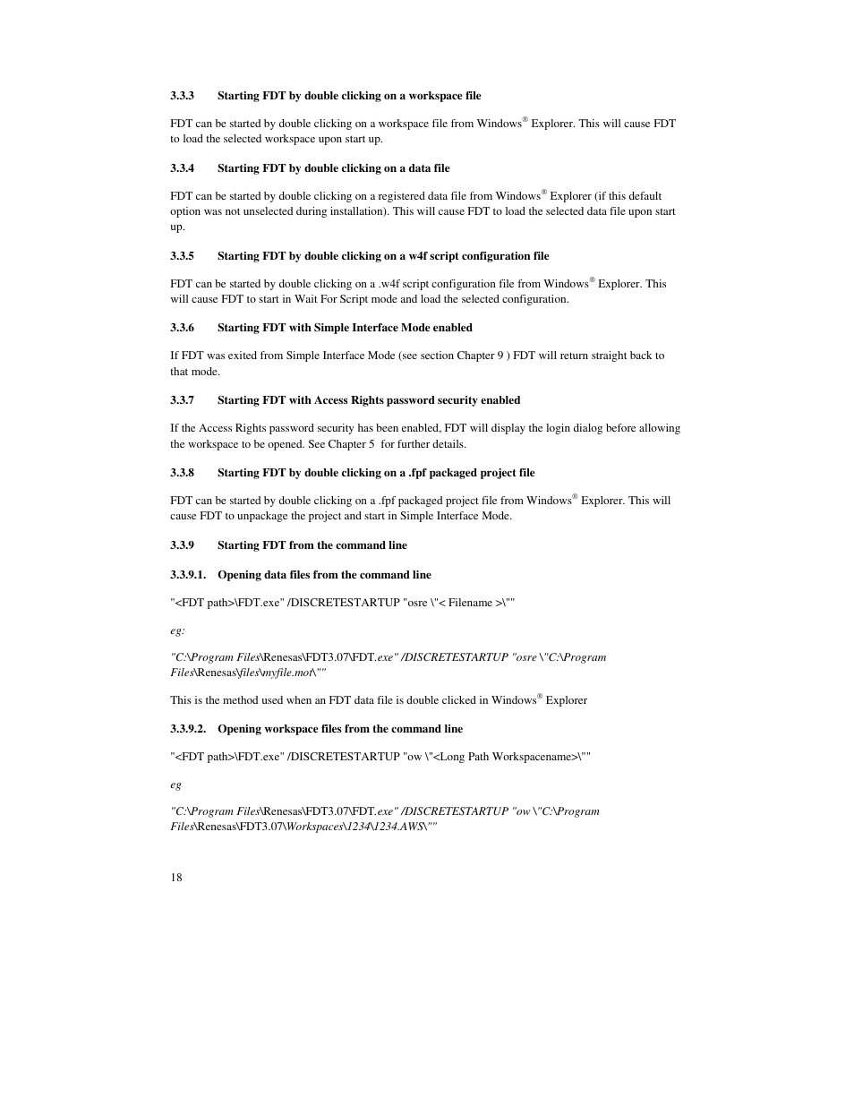 4 starting fdt by double clicking on a data file, 6 starting fdt with simple interface mode enabled, 9 starting fdt from the command line | Opening data files from the command line, Opening workspace files from the command line | Renesas FLASH Development Toolkit 3.07 User Manual | Page 32 / 146