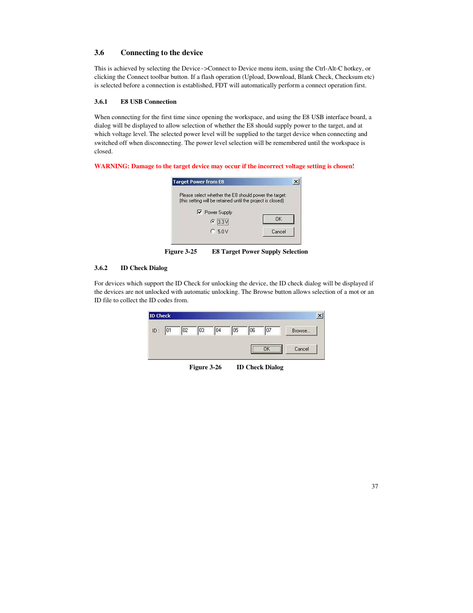 6 connecting to the device, 1 e8 usb connection, 2 id check dialog | Renesas FLASH Development Toolkit 3.07 User Manual | Page 51 / 146