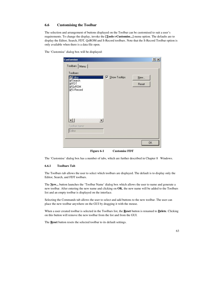 6 customising the toolbar, 1 toolbars tab | Renesas FLASH Development Toolkit 3.07 User Manual | Page 77 / 146