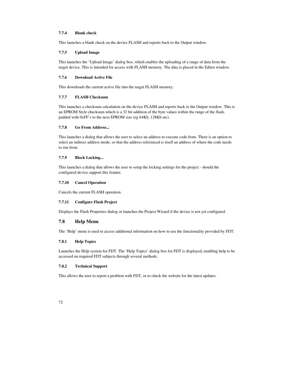 4 blank check, 5 upload image, 6 download active file | 7 flash checksum, 8 go from address, 9 block locking, 10 cancel operation, 11 configure flash project, 8 help menu, 1 help topics | Renesas FLASH Development Toolkit 3.07 User Manual | Page 86 / 146