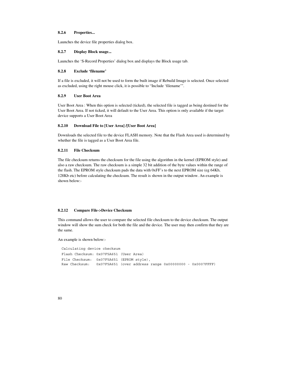 6 properties, 7 display block usage, 8 exclude ‘filename | 9 user boot area, 10 download file to [user area] /[user boot area, 11 file checksum, 12 compare file->device checksum | Renesas FLASH Development Toolkit 3.07 User Manual | Page 94 / 146