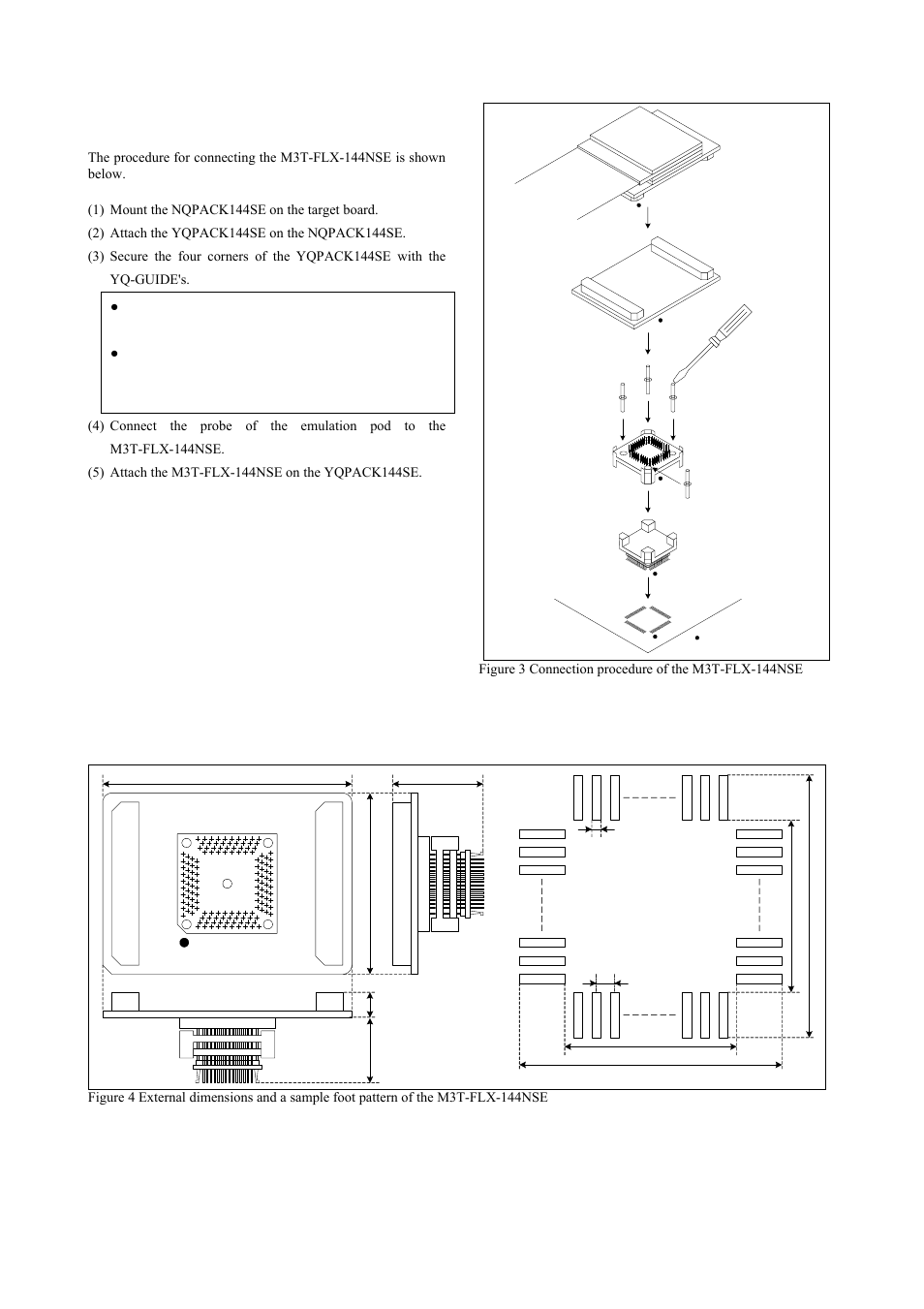 Connection procedure, External dimensions and a sample foot pattern, Connection procedure (see figure 3) | Renesas Converter Board M3T-FLX-144NSE User Manual | Page 5 / 6