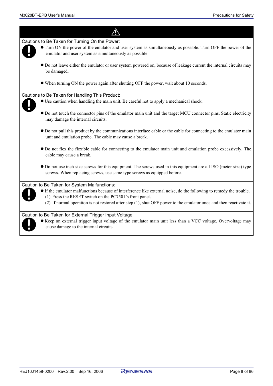 Caution | Renesas M3028BT-EPB User Manual | Page 10 / 88