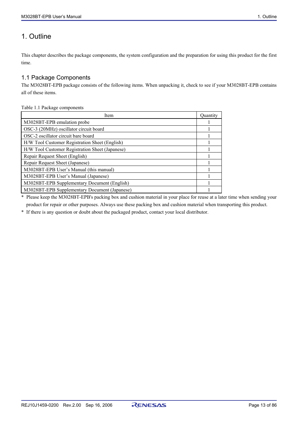 Outline, 1 package components | Renesas M3028BT-EPB User Manual | Page 15 / 88
