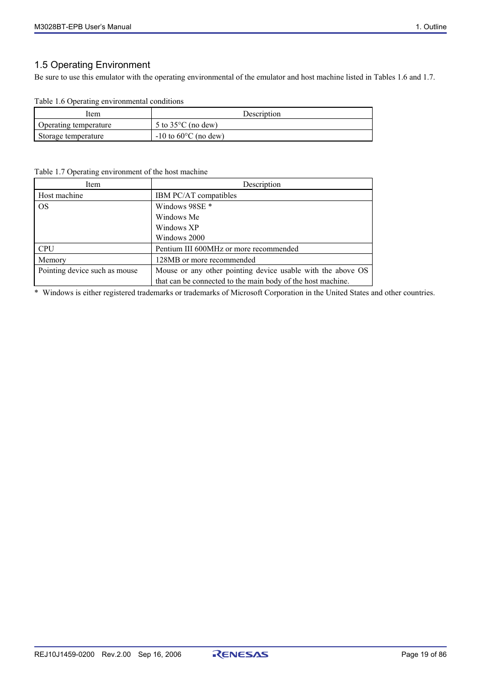 5 operating environment | Renesas M3028BT-EPB User Manual | Page 21 / 88