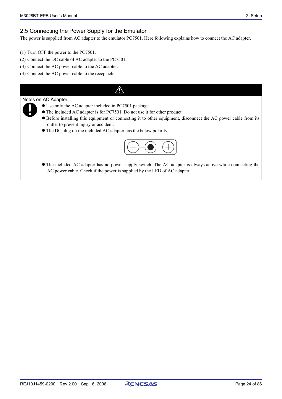 5 connecting the power supply for the emulator, Caution | Renesas M3028BT-EPB User Manual | Page 26 / 88
