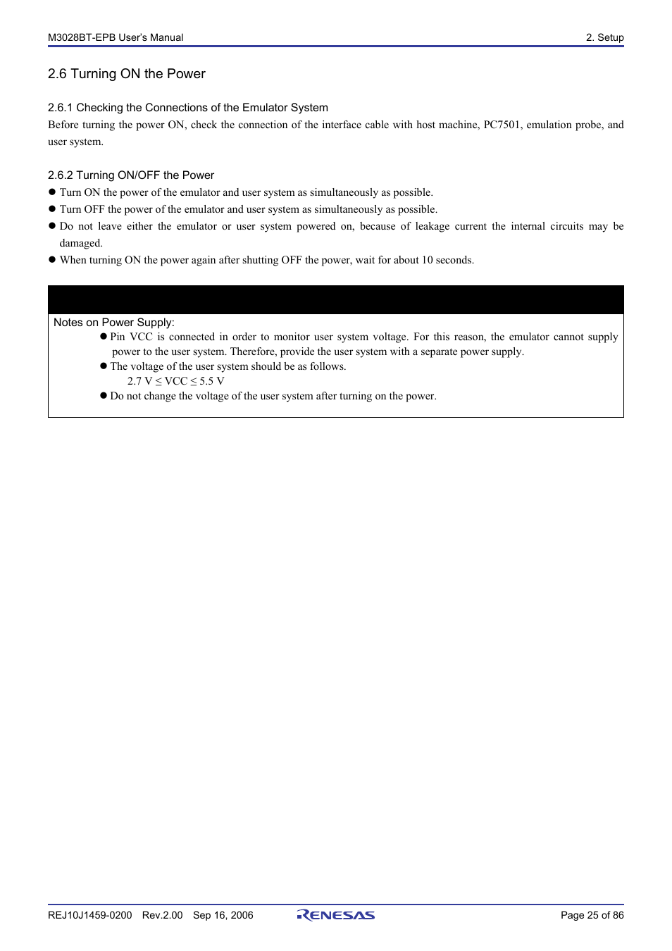 6 turning on the power, 1 checking the connections of the emulator system, 2 turning on/off the power | Important | Renesas M3028BT-EPB User Manual | Page 27 / 88