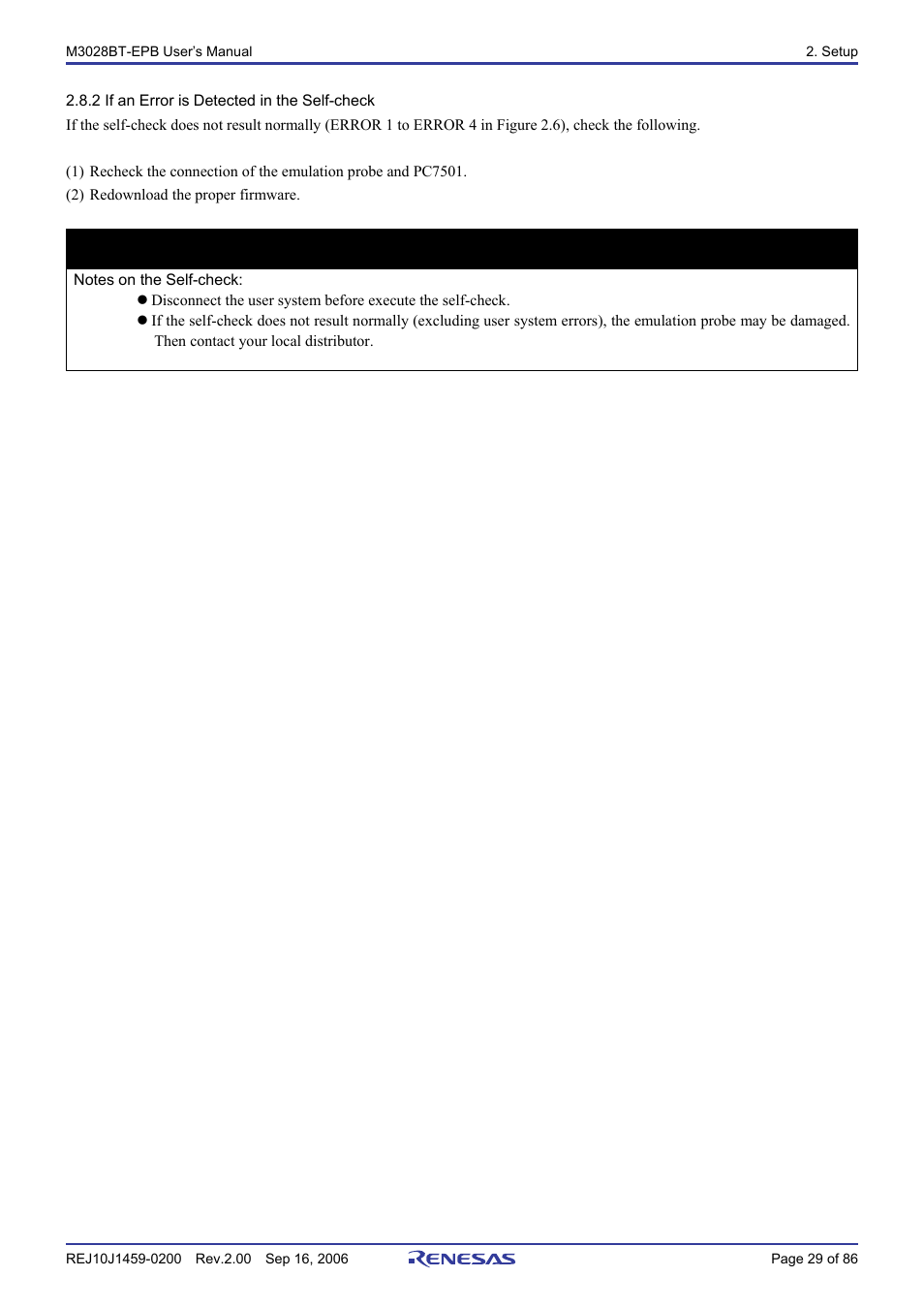 2 if an error is detected in the self-check, Important | Renesas M3028BT-EPB User Manual | Page 31 / 88