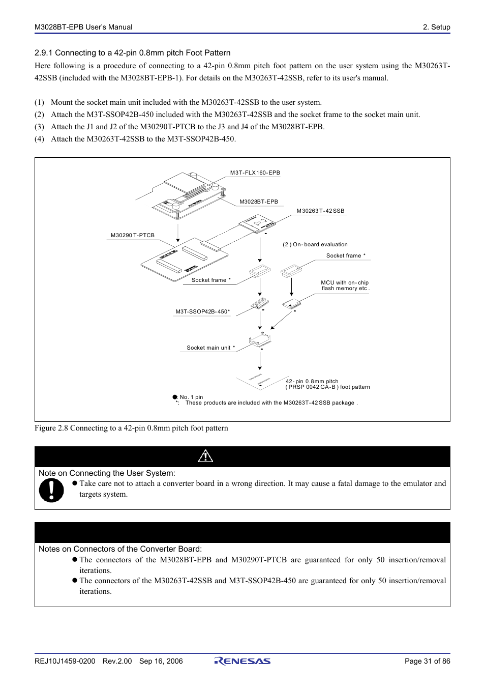 1 connecting to a 42-pin 0.8mm pitch foot pattern, Caution, Important | Renesas M3028BT-EPB User Manual | Page 33 / 88