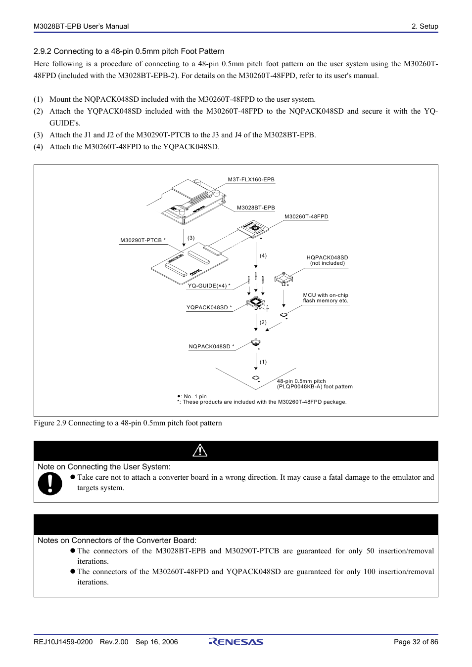 2 connecting to a 48-pin 0.5mm pitch foot pattern, Caution, Important | Renesas M3028BT-EPB User Manual | Page 34 / 88
