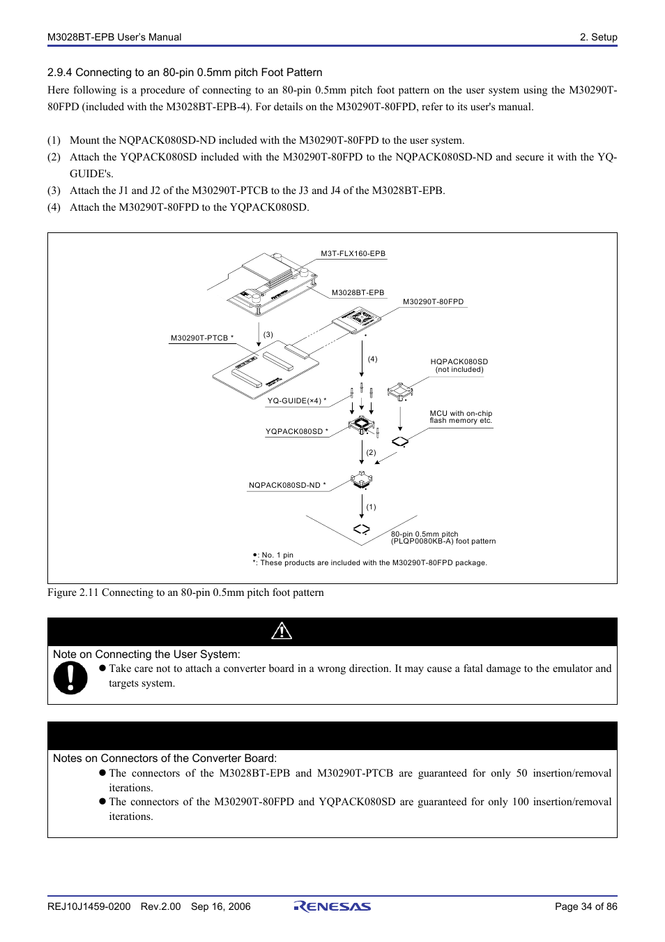 4 connecting to an 80-pin 0.5mm pitch foot pattern, Caution, Important | Renesas M3028BT-EPB User Manual | Page 36 / 88