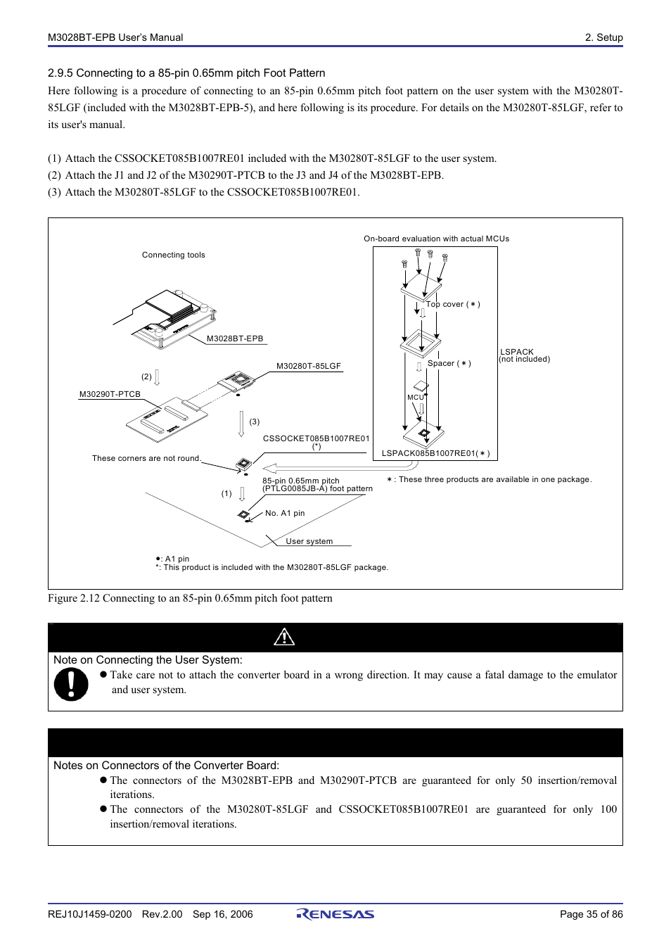 5 connecting to a 85-pin 0.65mm pitch foot pattern, Caution, Important | Renesas M3028BT-EPB User Manual | Page 37 / 88