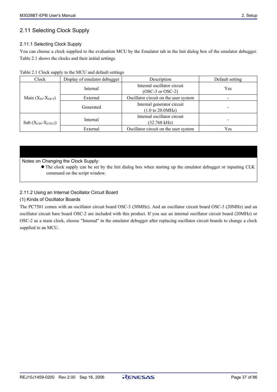 11 selecting clock supply, 1 selecting clock supply, 2 using an internal oscillator circuit board | Important | Renesas M3028BT-EPB User Manual | Page 39 / 88