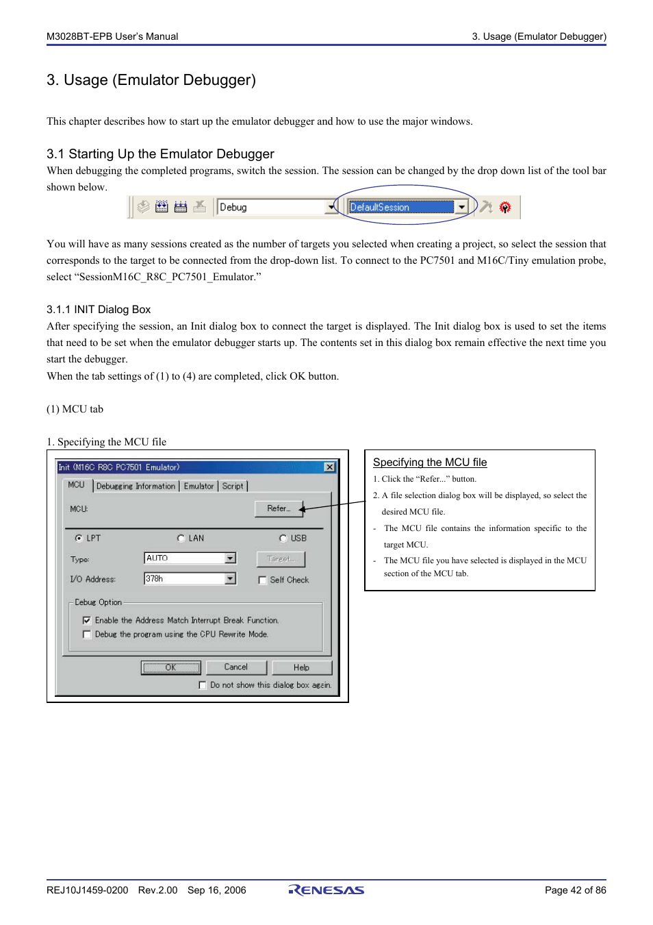 Usage (emulator debugger), 1 starting up the emulator debugger, 1 init dialog box | Renesas M3028BT-EPB User Manual | Page 44 / 88